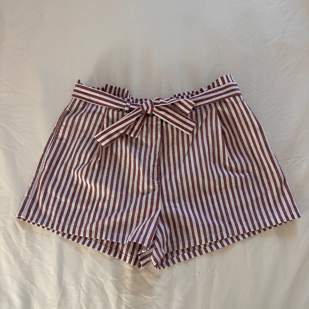 Love Tree large burgundy striped paper-bag shorts tie front button closure